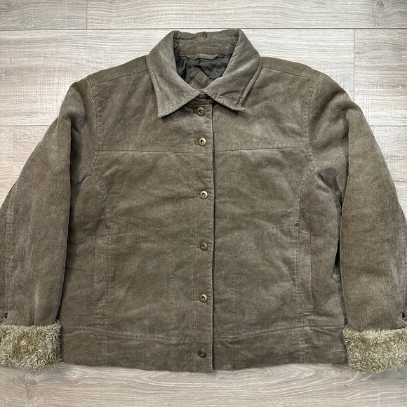 RP Sport Green Corduroy Detachable Fur Collar  Button Down Jacket Quilt Lining L - Picture 3 of 8